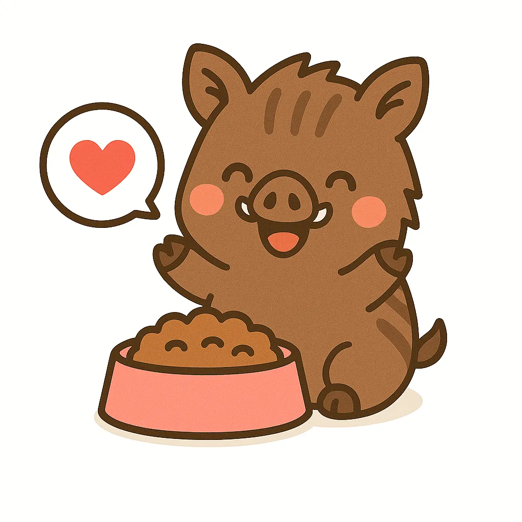 かわいいいのしし｜しま模様のあるこげ茶の体が特徴的ないのししが、ごはんの器の前でにっこりしているイラスト。赤いほっぺとハートの吹き出しが、野性味の中にやさしさを感じさせます。
