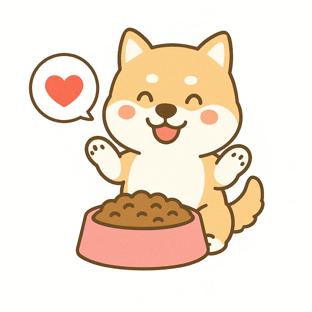 かわいいごはん大好き秋田犬｜大きめの体を持つ秋田犬が、ピンクのフードボウルの前で嬉しそうに座り、笑顔とハートの吹き出しで感情を表すイラスト。白背景で整えられ、清潔で優しい印象を与えます。
