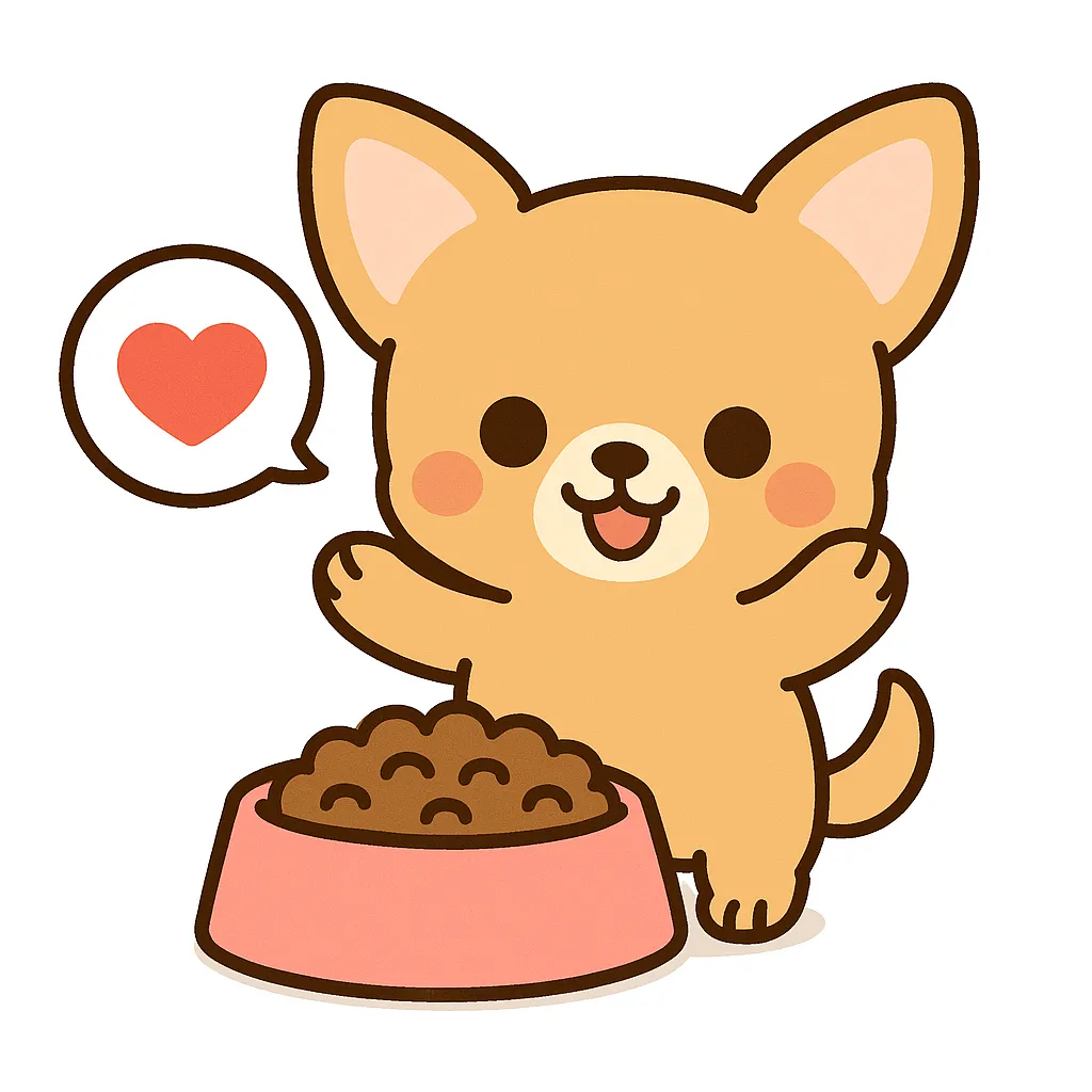 かわいいごはん大好きチワワ｜大きな目とピンと立った耳が特徴のチワワが、ピンクの器に入ったフードを前にうれしそうに前足を上げる姿がかわいいイラスト。白背景で明るく、ハートの吹き出しが喜びを伝えます。