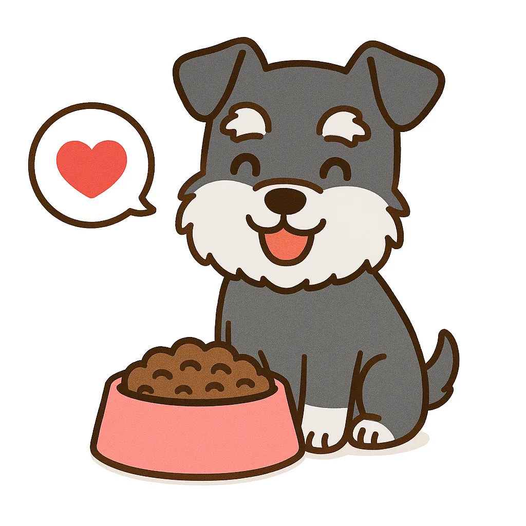 かわいいごはん大好きシュナウザー｜ふわふわの眉毛と口ひげが愛らしいシュナウザーが、うれしそうにドッグフードを見つめる表情が魅力のイラスト。白背景にシンプルな構成で、喜びが引き立ちます。