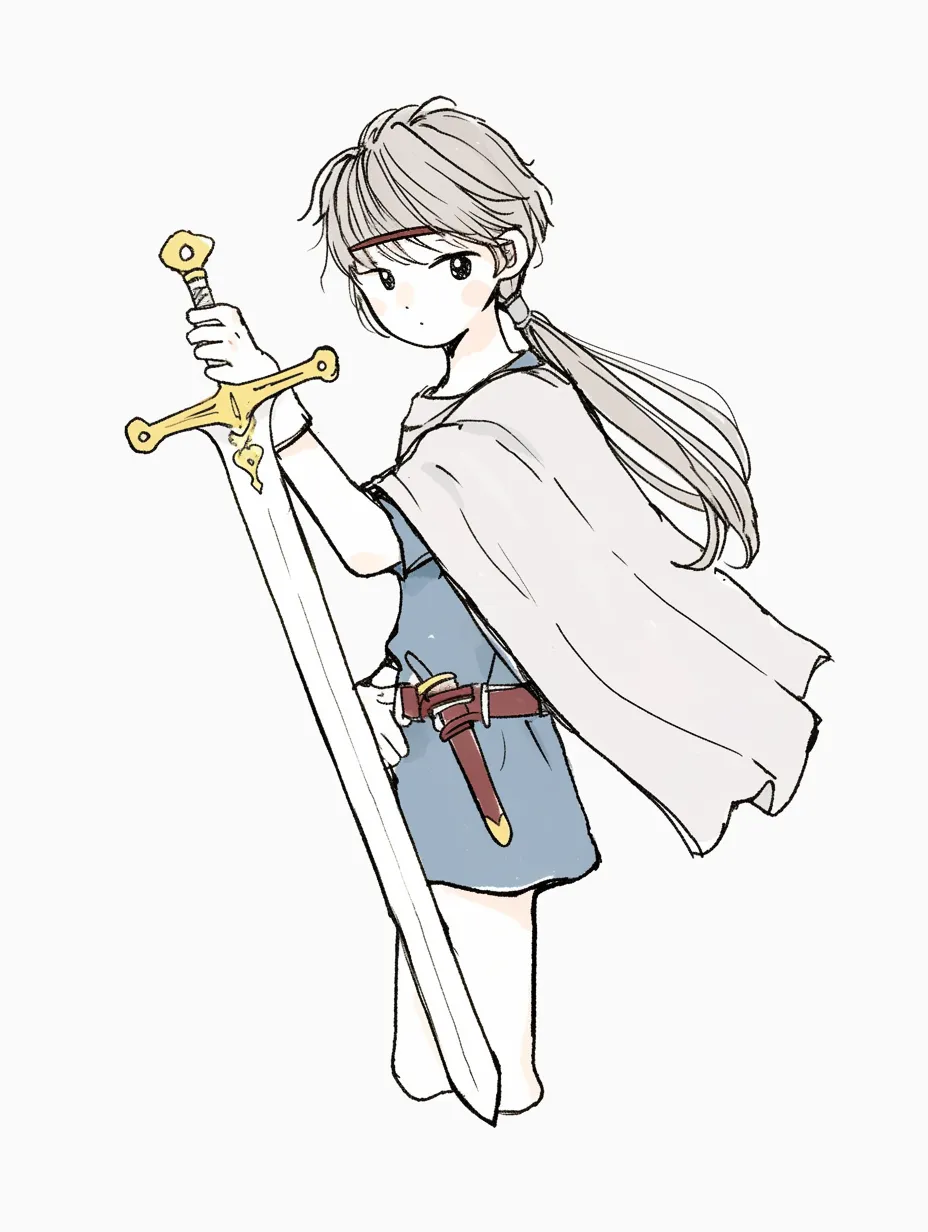 少女勇者の覚悟｜淡い色合いと柔らかな線が特徴の繊細なイラスト。長剣を持ち、凛とした表情を浮かべる姿から、若き勇者の純粋な決意とこれからの冒険への期待が伝わる。