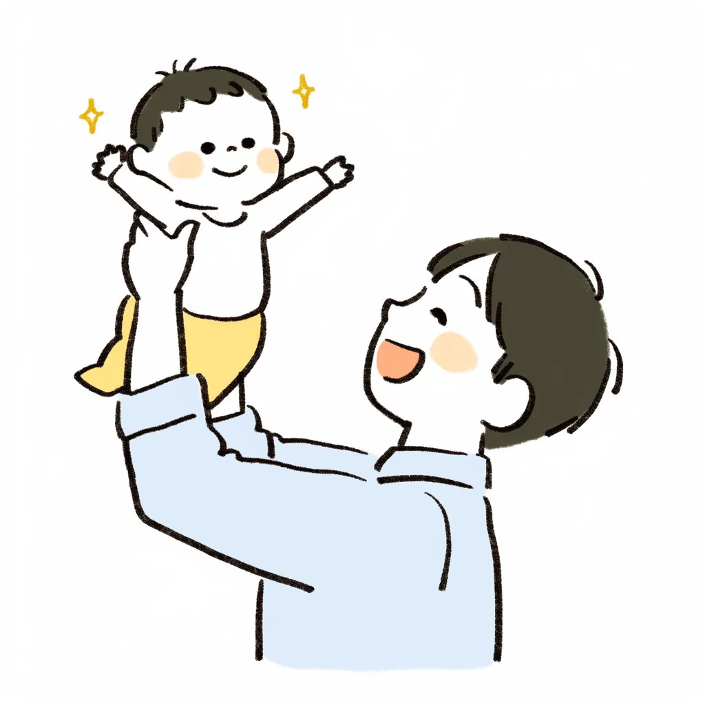 高い高いで元気いっぱいの赤ちゃん｜父親が高い高いをして、赤ちゃんが満面の笑顔を浮かべるイラスト。黄色のアクセントが入ったデザインが明るく楽しい雰囲気を引き立て、親子の絆が伝わる。