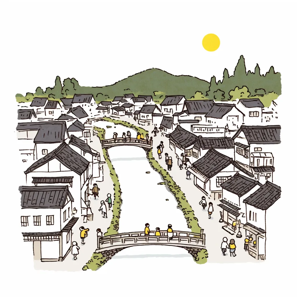 歴史・城下町の賑わいと橋｜手描き風のシンプルな線と落ち着いた色合いで描かれた、川沿いの城下町の歴史イラスト。木造の建物が並び、橋を渡る人々が活気を生んでいる。穏やかで懐かしい雰囲気が漂う情緒的な風景。