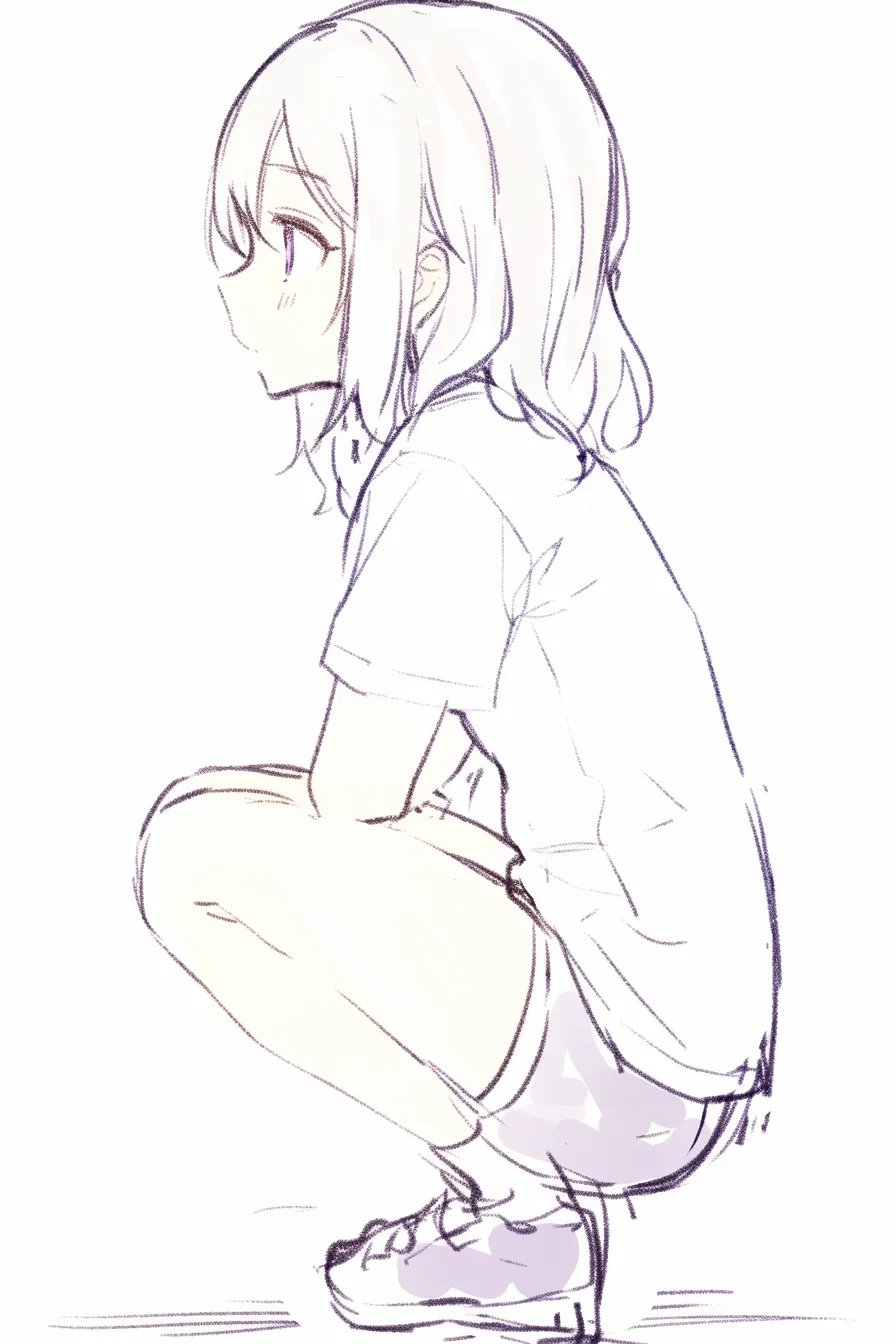 しゃがむ横の少女（静観）｜【基本構造】横顔をはっきり見せる描き方で、首から肩のつながりを直線的に配置しています。<br>【演出の方向性】表情の動きを抑えて静かに見つめることで落ち着いた雰囲気を演出し、静観する存在感を生み出します。<br>