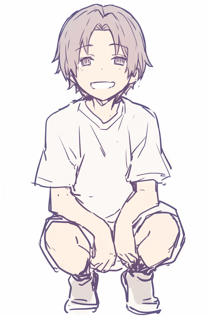 ヤンキー座りの少年｜【基本構造】膝を大きく開き、両手を前に置いてしゃがむ描き方で、顔は正面に配置し均整を意識しています。<br>【演出の方向性】笑顔を添えることで威圧感を和らげ、明るさと親しみやすさを表現しています。<br>