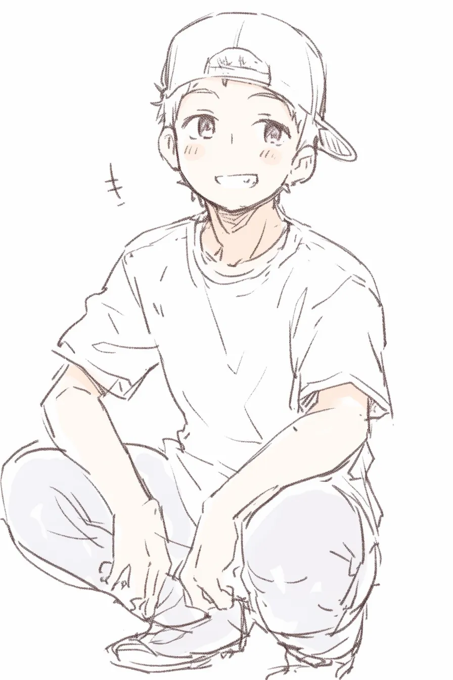 ヤンキー座りの少年（帽子）｜【基本構造】片膝を立てつつ前傾した描き方で、帽子を斜めにかぶりカジュアルな輪郭を強調しています。<br>【演出の方向性】表情を柔らかくし、いたずらっぽい魅力と軽快さを印象付けています。<br>
