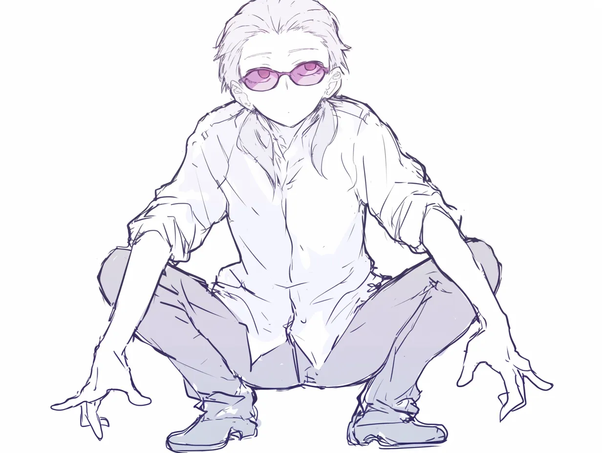 ヤンキー座りの男（広げた腕）｜【基本構造】両腕を大きく外へ広げる描き方で、腰を落としバランスを安定させています。<br>【演出の方向性】サングラスを用いることで威圧的な存在感を作り、強者としての立場を印象付けます。<br>