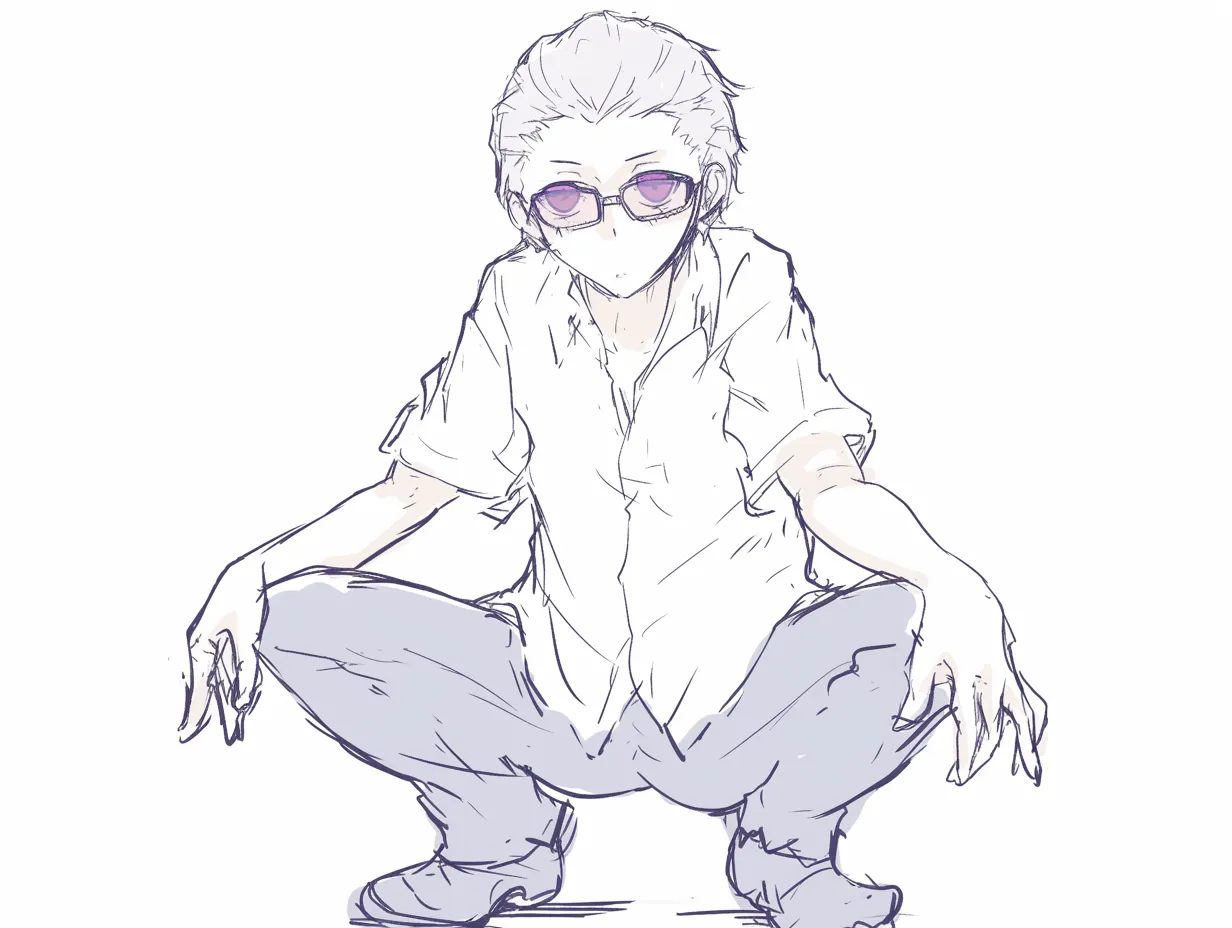 ヤンキー座りの男（半身傾き）｜【基本構造】片方に重心を寄せる描き方で、身体のバランスを不均等に見せています。<br>【演出の方向性】サングラス越しの視線が挑発的に作用し、余裕や不敵さを伝える演出になっています。<br>