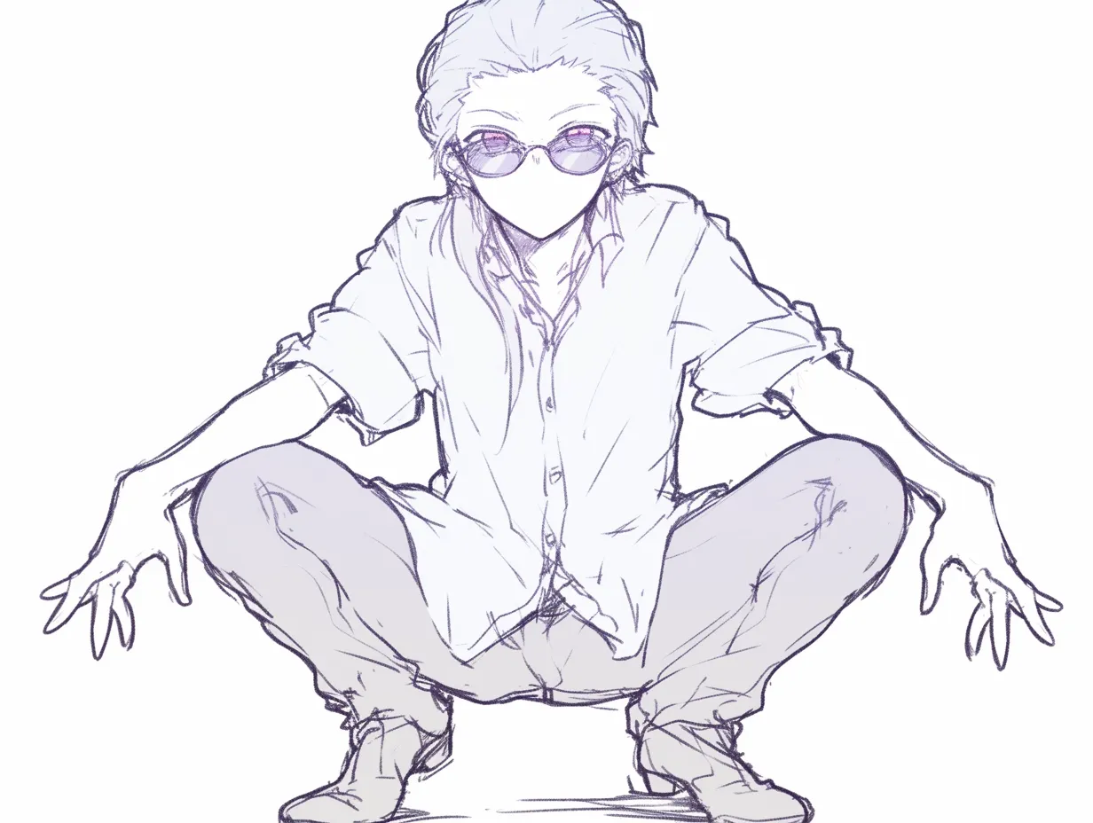 ヤンキー座りの男（腕長調整）｜【基本構造】腕をやや強調した描き方で、手の長さを広げ空間を覆うようにしています。<br>【演出の方向性】大きな存在感を演出し、威圧的で支配的な雰囲気を増幅しています。<br>