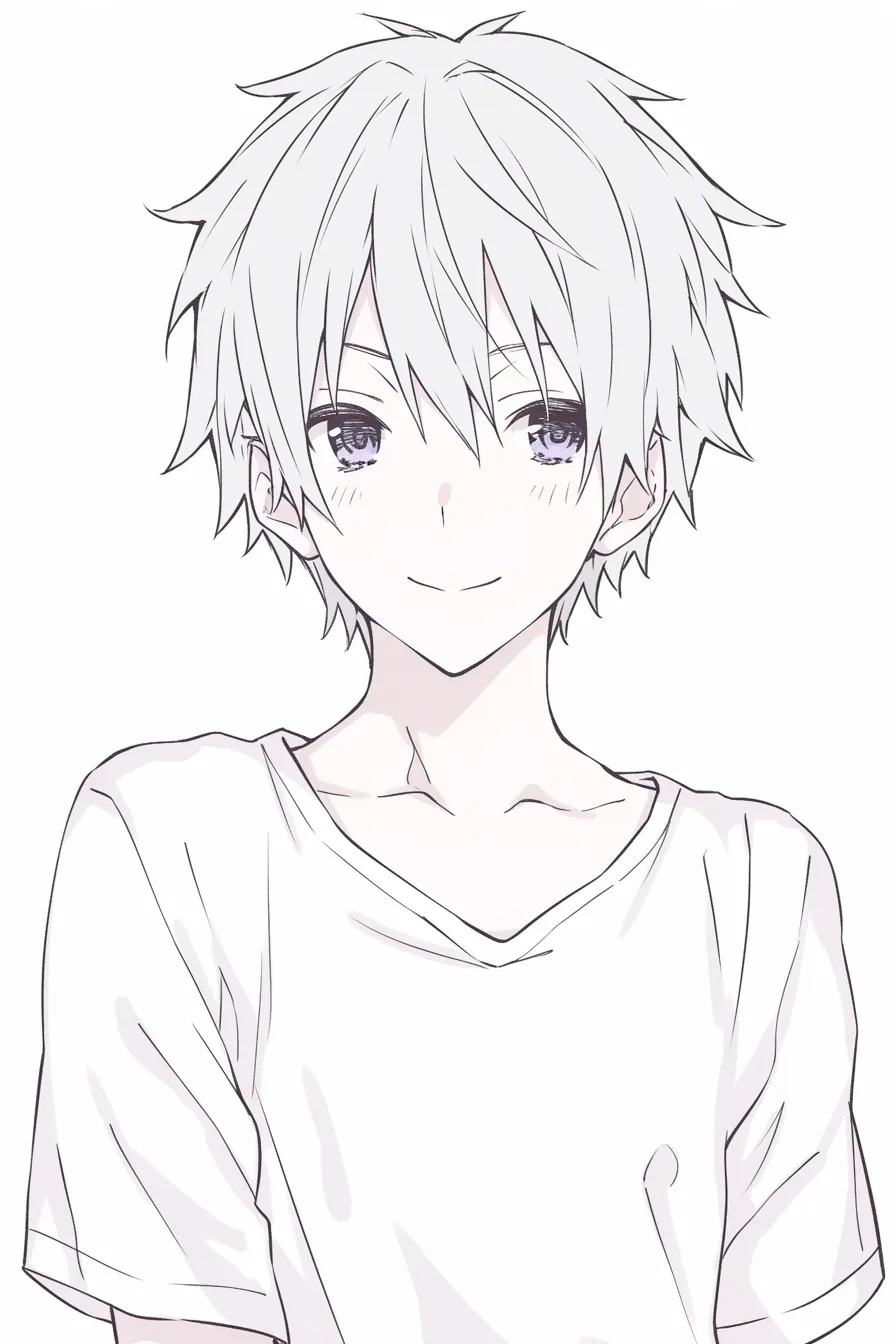 バストアップの純粋な少年｜【基本構造】正面を向いて肩を揃え、シンプルなTシャツ姿で描かれています。柔らかな髪型で全体に軽さを出しています。<br>【演出の方向性】瞳の光を抑え、穏やかな笑みと頬の赤みを加えることで、素直で純粋な印象を際立たせています。<br>