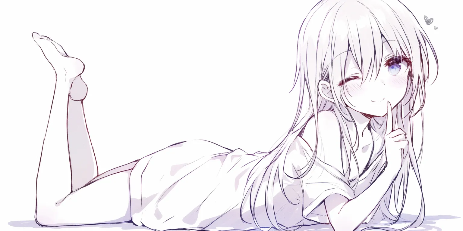 寝そべりのウィンク｜【基本構造】うつ伏せで足を上げ、片手で顔を支える描き方で、リラックスした体勢を強調しています。<br>【演出の方向性】ウィンクと指を口元に添える仕草で、親密さと可愛らしさを引き出しています。<br>