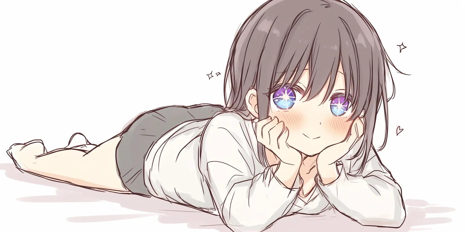 寝そべりのきらめき｜【基本構造】体を真っ直ぐ伸ばし両肘で支える描き方で、足を自然に後方に置いています。<br>【演出の方向性】瞳のきらめきと頬の赤みで、無邪気さや期待感を強く伝えています。<br>