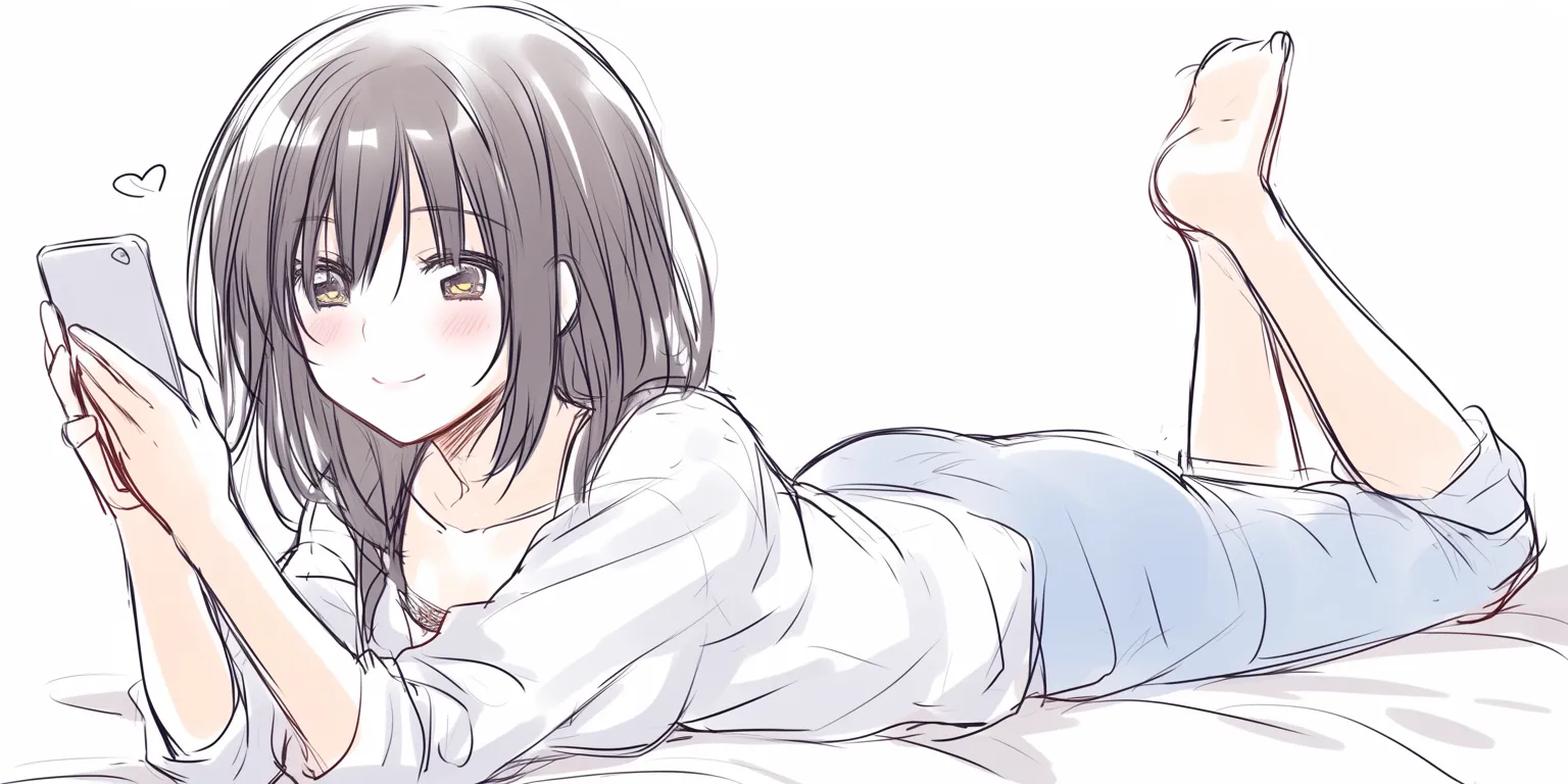 寝そべりのリラックス｜【基本構造】枕代わりに腕を使い、足を軽く上げる描き方で、安定した寝姿を整えています。<br>【演出の方向性】表情の赤みと笑みが、安心感と楽しさを引き立てています。<br>