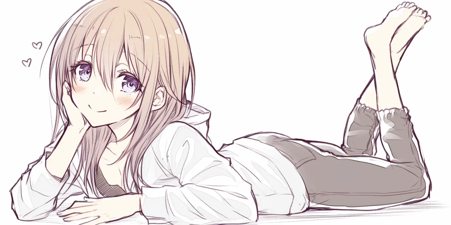寝そべりの微笑｜【基本構造】片手を頬に添え、足を上げてクロスする描き方で、視線を正面に向けています。<br>【演出の方向性】小さなハートや頬の赤みが、柔らかく甘い感情を表しています。<br>