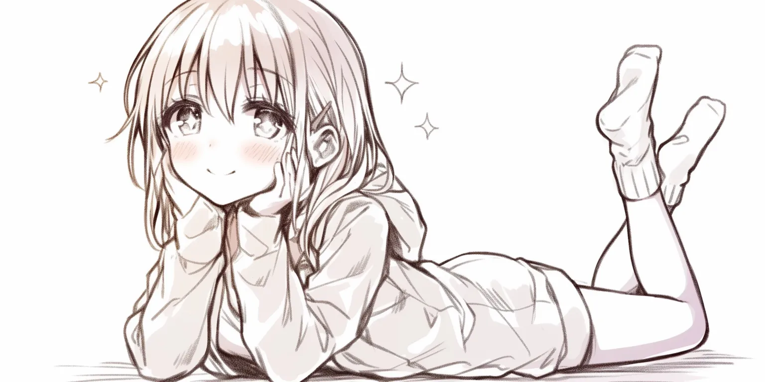 寝そべりのきらめき｜【基本構造】両肘で上体を支え、足を上げて組み合わせる描き方で、シルエットに軽快さが出ています。<br>【演出の方向性】瞳の星模様や頬の赤みが、好奇心や輝くような感情を際立たせています。<br>