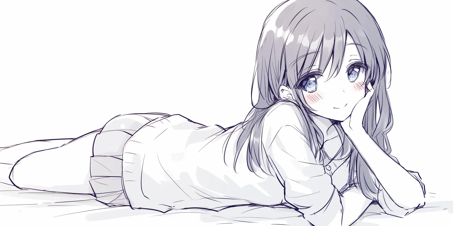 寝そべりの微笑み｜【基本構造】片腕で頬を支え、体を横向きに倒す描き方で、安定感がある姿勢です。<br>【演出の方向性】柔らかな笑みと視線の流れにより、優しい親しみを伝える表情になっています。<br>