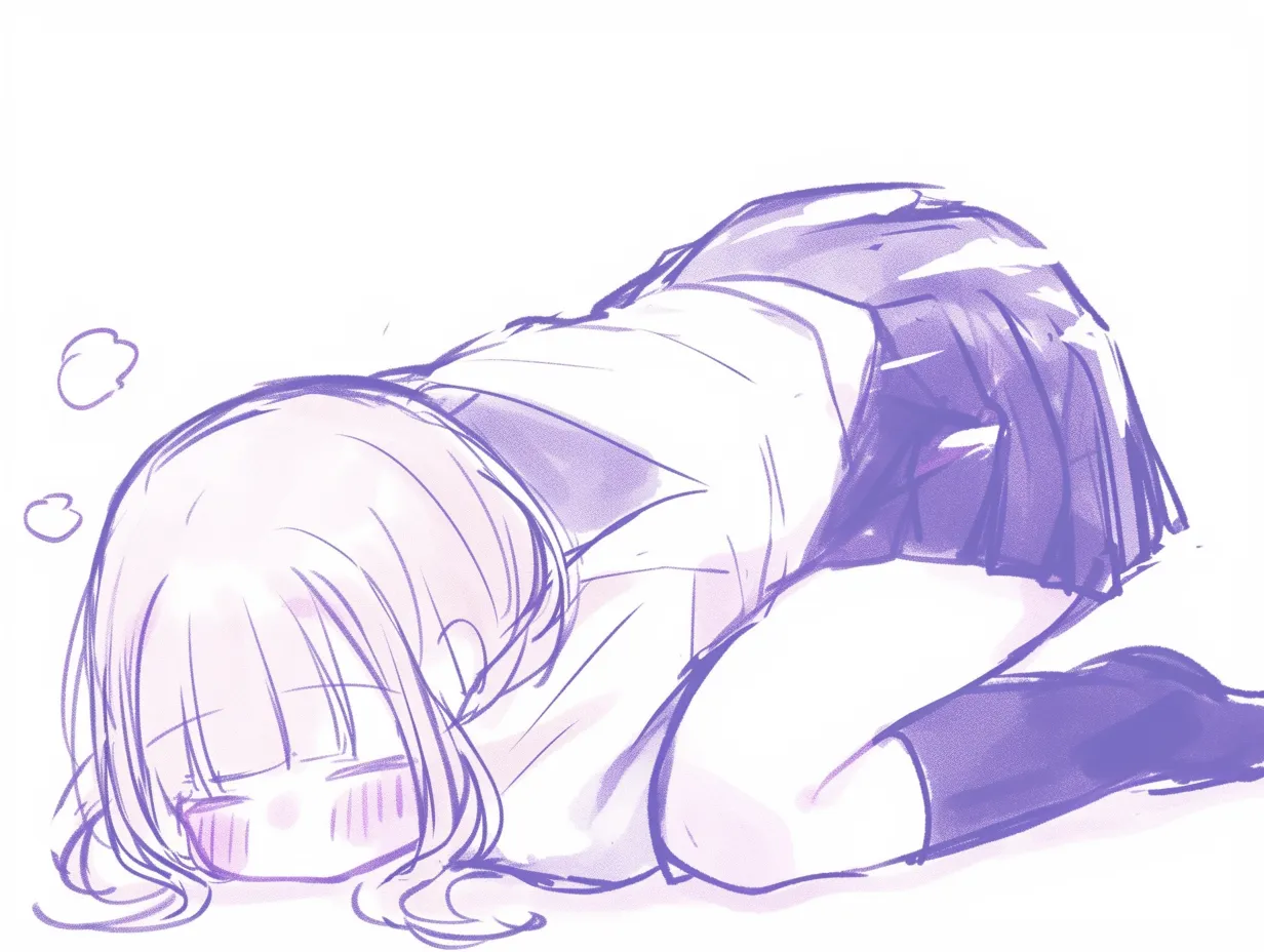 うつ伏せの安眠｜【基本構造】膝を折り身体を丸め、顔を横に伏せるうつ伏せの描き方で、柔らかな丸みを持つシルエットを構成しています。<br>【演出の方向性】頬の赤みと眠りを象徴する記号で安らぎを演出し、可愛らしい幼さが強調されています。<br>