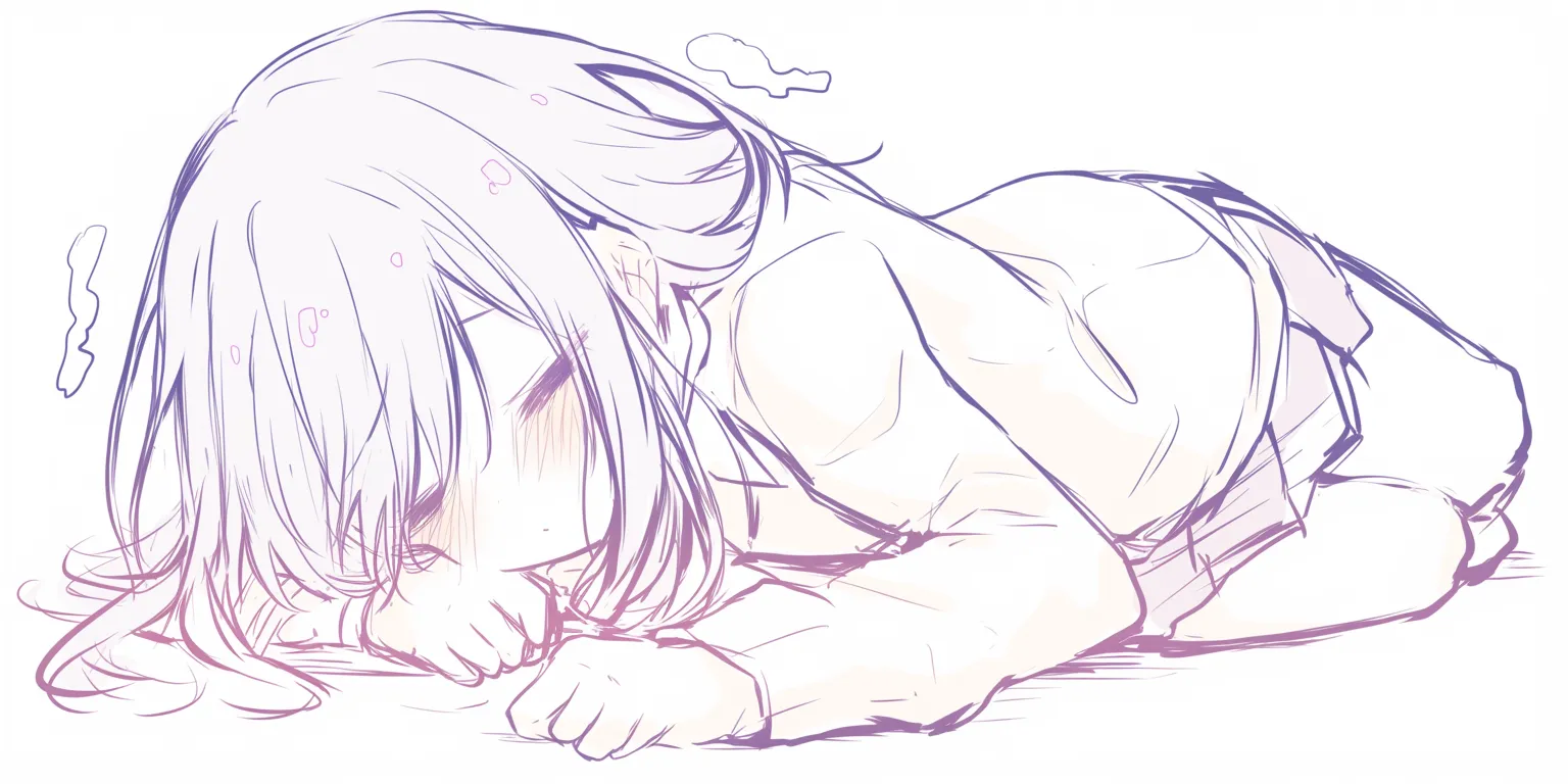 うつ伏せのぐったり｜【基本構造】腕を体の横に垂らし、床に沈むように描くうつ伏せの描き方で、全体に力が抜けた骨格を強調しています。<br>【演出の方向性】汗や小さな線が疲労を暗示し、無防備で投げ出された印象が倦怠感を生み出しています。<br>