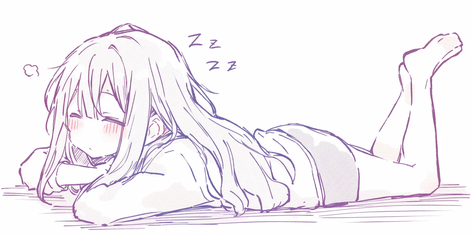うつ伏せの微睡｜【基本構造】腕を枕のようにして頬を乗せ、脚を軽く曲げたうつ伏せの描き方でリラックスした骨格を構成しています。<br>【演出の方向性】頬の赤みと口元のゆるみが夢見心地を表現し、線の軽やかさで安らぎを印象づけています。<br>