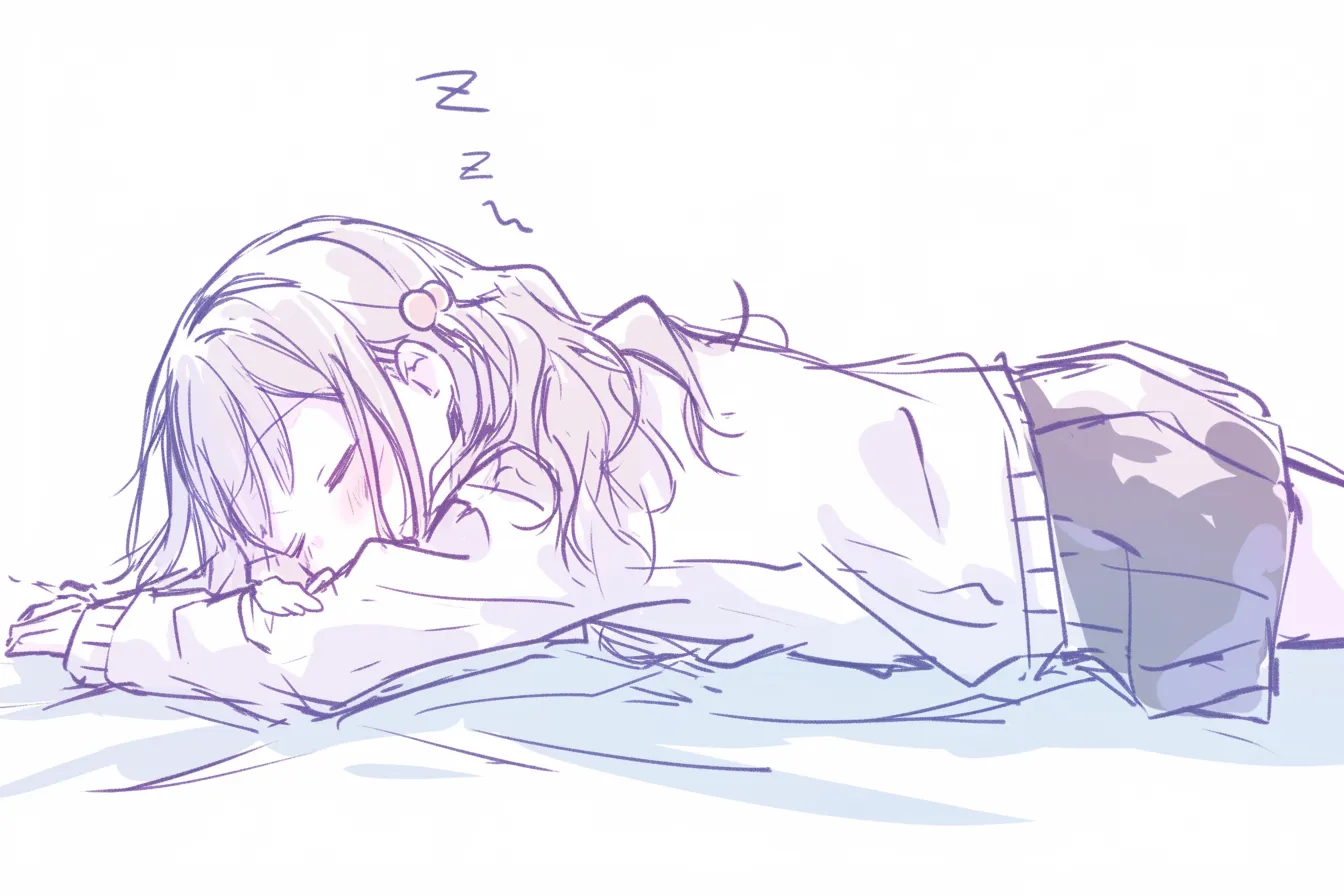 うつ伏せの眠り姫｜【基本構造】長い髪を広げて顔を半ば隠し、横を向いたうつ伏せの描き方で、上半身の丸みを強調しています。<br>【演出の方向性】頬の赤みと「Z」の記号が安眠を示し、髪の流れが幻想的な雰囲気を強めています。<br>