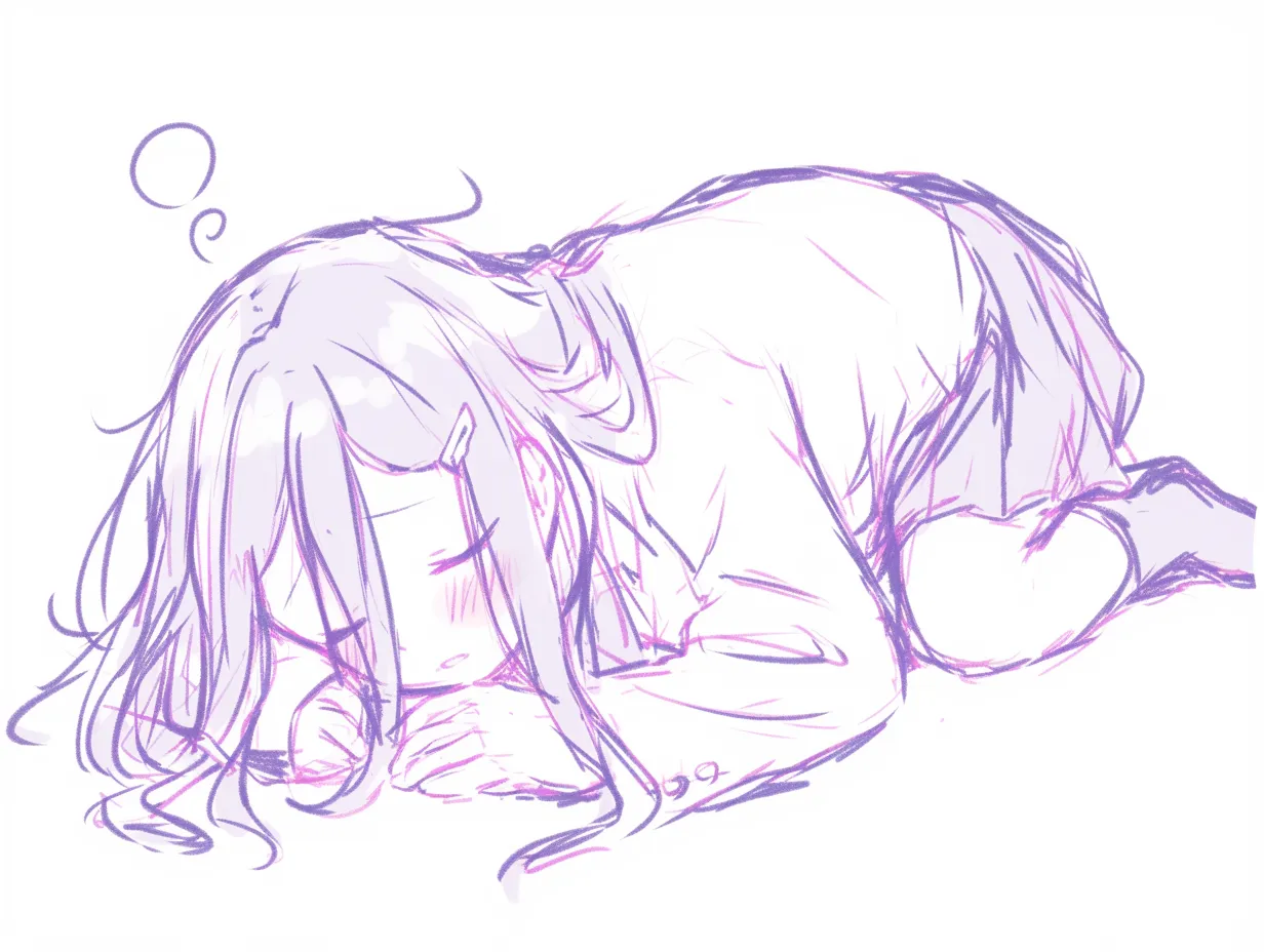 かわいい寝るのうつ伏せ｜【基本構造】両腕を前に出し、頭を伏せて眠る描き方で、背中から腰にかけて緩やかな曲線を描きます。<br>【演出の方向性】髪に隠れた表情と吐息が、子どものような純朴さを漂わせ、かわいらしさを強調しています。<br>