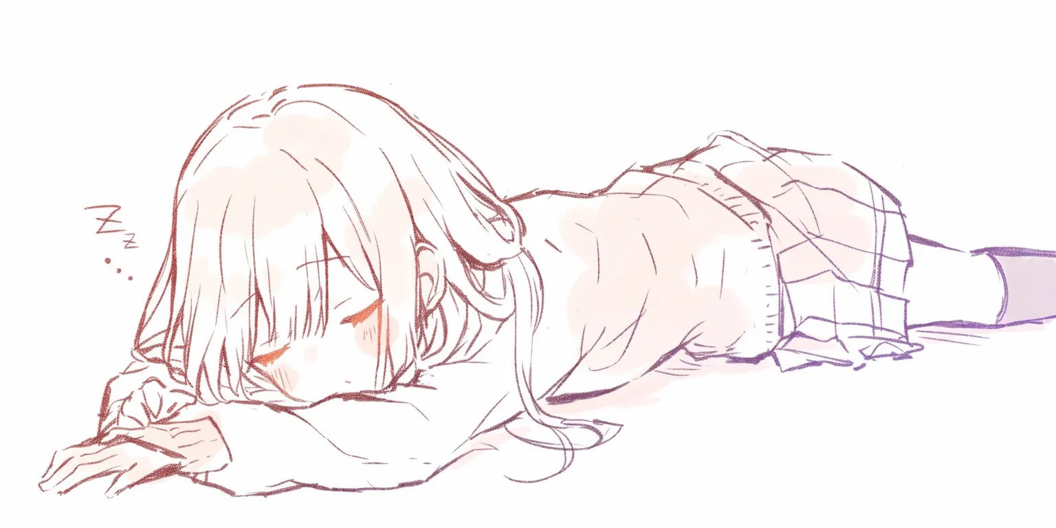 寝る女の子のうつ伏せ｜【基本構造】両腕を前に伸ばし、顔を横に伏せる描き方で、髪が頬を覆い体はリラックスした直線に近い形です。<br>【演出の方向性】寝息を示す「Z」の記号と赤らんだ頬が、穏やかでかわいらしい眠りを表現しています。<br>