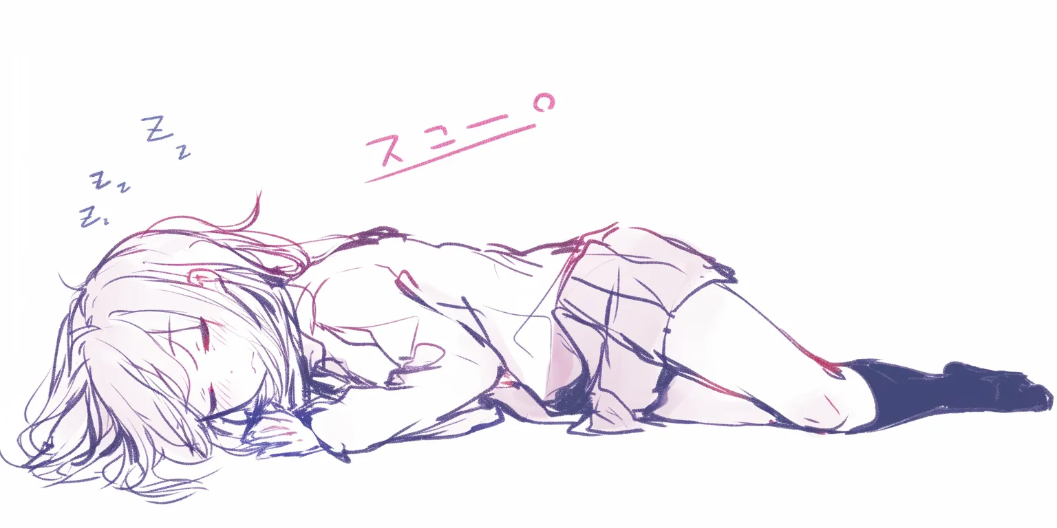 寝る女の子の丸まり｜【基本構造】体をやや丸め、膝を前に引き寄せて眠る描き方で、全体のシルエットは小さくまとまります。<br>【演出の方向性】「スヤァ」などの文字演出が幼い雰囲気を高め、無防備でかわいらしい寝姿を強調しています。<br>
