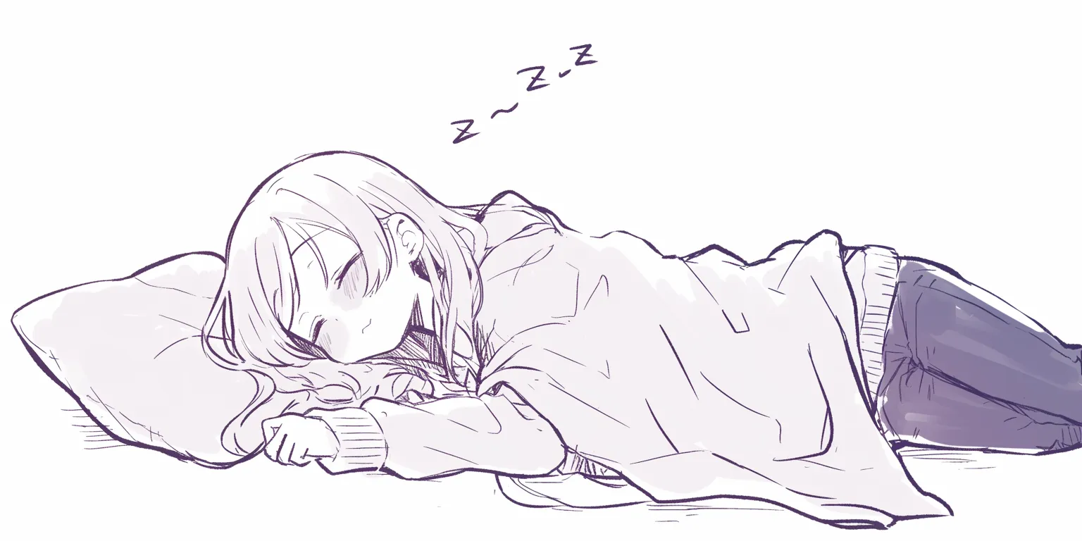 寝る女の子の毛布姿｜【基本構造】毛布に体をすっぽり包み、腕を外に出して枕を抱える描き方です。丸みを帯びたフォルムが強調されます。<br>【演出の方向性】布にくるまる温もりと小さな吐息記号が、安らぎと愛らしさを増幅させています。<br>