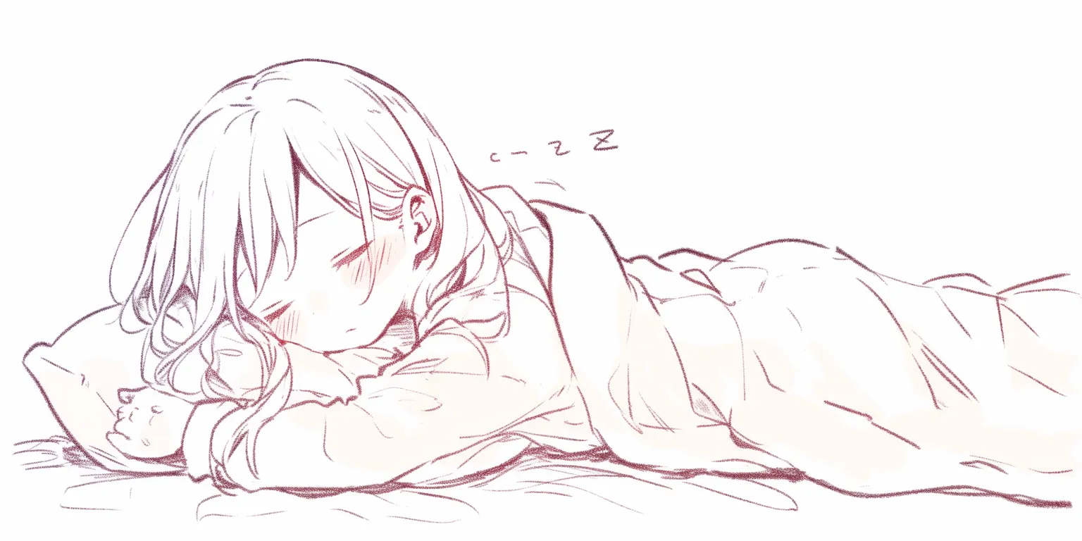 寝る女の子の抱き枕｜【基本構造】大きな枕を抱きかかえ、横向きに体を預ける描き方で、腕と足が自然に曲がっています。<br>【演出の方向性】枕に顔をうずめる姿が甘えを感じさせ、かわいさと安心感を演出します。<br>