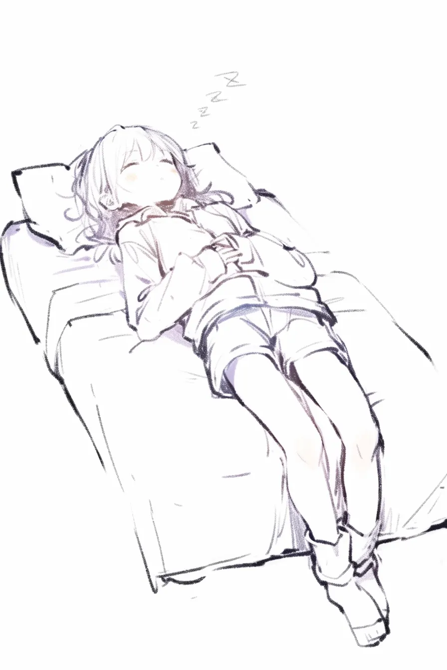 ベッドで寝るの仰向け｜【基本構造】両腕を腹の上に重ねて仰向けに眠る描き方で、全身の直線的なラインが安定を示しています。<br>【演出の方向性】静かな寝息を表す記号が落ち着きを演出し、深い眠りの清らかさを印象づけています。<br>