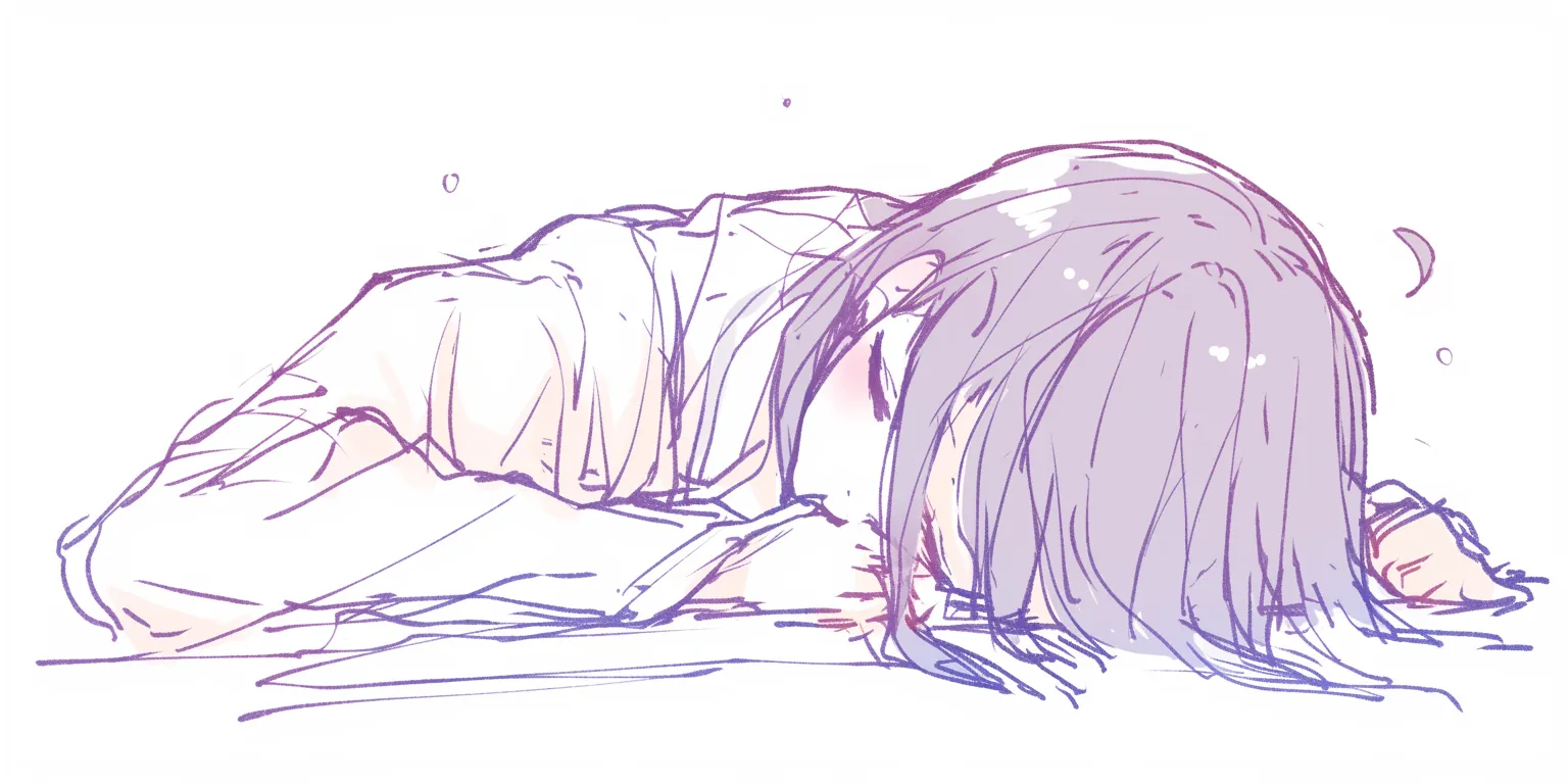 机で寝るの横顔｜【基本構造】顔を腕に埋め、髪が机に広がる描き方で、輪郭を最小限に抑えて安らぎを強調しています。<br>【演出の方向性】線の抜け感や淡い色合いにより静けさが際立ち、内省的で夢に沈むような印象を与えます。<br>