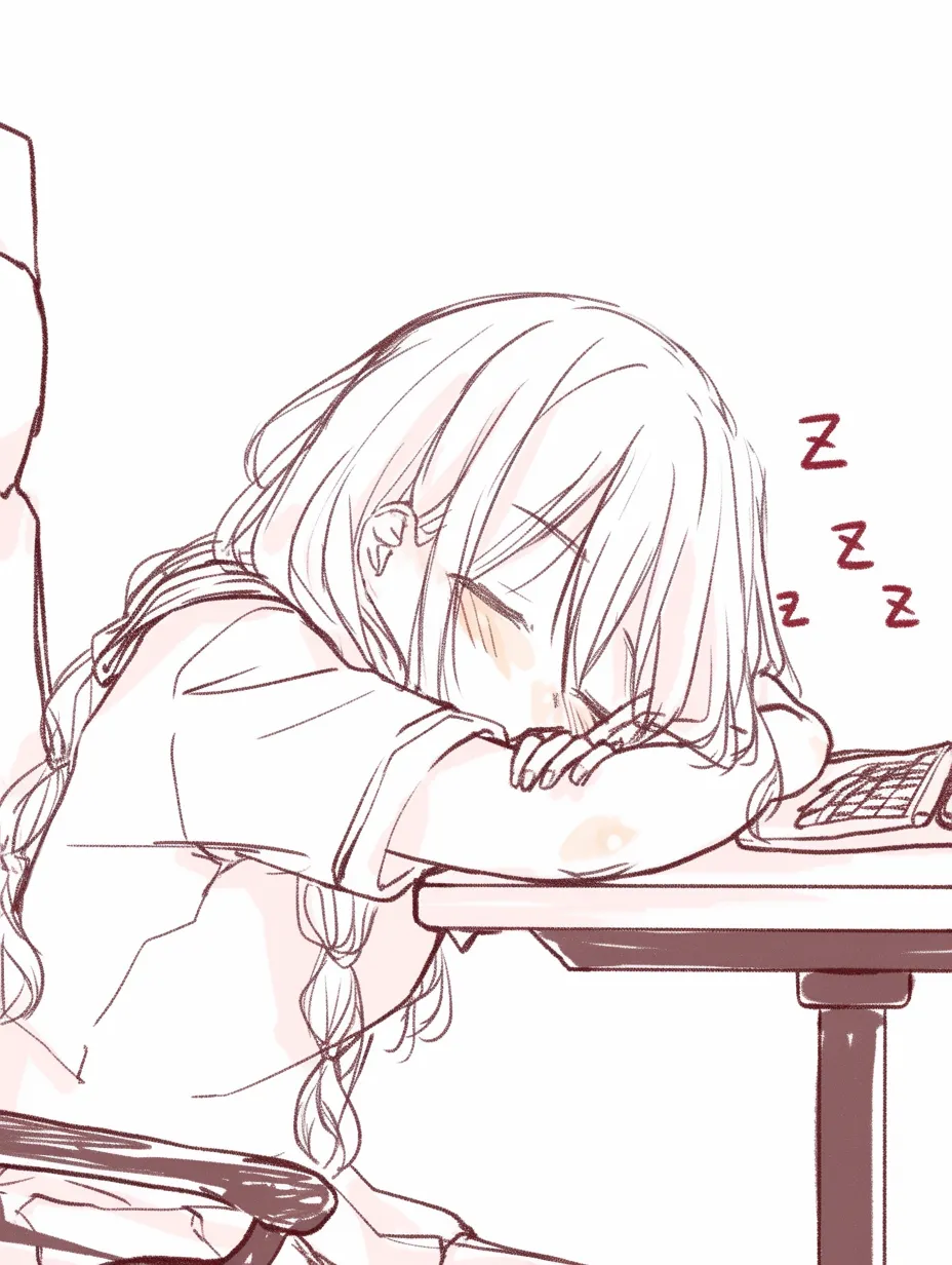 机で寝るの安定姿勢｜【基本構造】両腕を枕にして体を安定させる描き方で、姿勢全体が安らぎの骨格を強調しています。<br>【演出の方向性】規則的に並ぶZ記号と整った線運びが、無防備さよりも穏やかな安心感を強く印象づけます。<br>