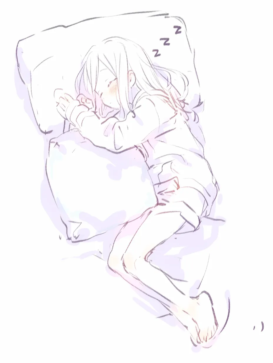 丸まって寝るの横向き｜【基本構造】横に体を伸ばしながら膝を軽く曲げる描き方で、柔らかな曲線で骨格のリズムを整えています。<br>【演出の方向性】頬の赤みと寝息記号が心地よさを伝え、穏やかな眠りを温かく表現しています。<br>