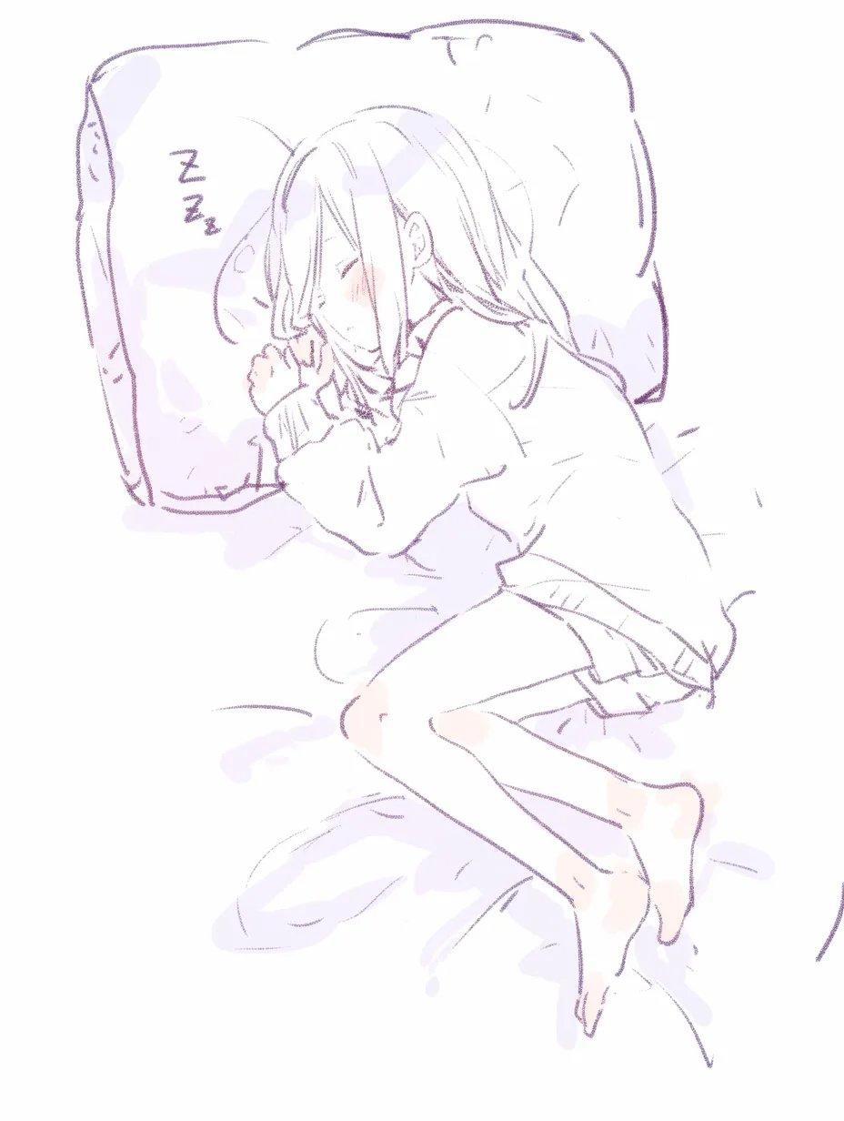 丸まって寝るの軽い膝曲げ｜【基本構造】膝を少しだけ曲げて横たわる描き方で、体を丸めすぎず自然な姿勢を保っています。<br>【演出の方向性】足元まで描写することで生活感を持たせ、自然で日常的な眠りの雰囲気を強調します。<br>