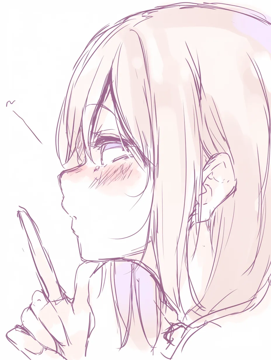 かわいいポーズの内緒｜【基本構造】横顔を基点に指先を唇へ添える描き方で、頬の赤みと細めの瞳を配置し、秘密を示唆する輪郭を整えています。<br>【演出の方向性】ささやきや照れを連想させ、無邪気な愛らしさと小悪魔的な魅力を同時に強調しています。<br>