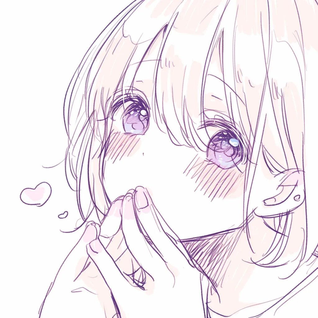 かわいいポーズのハート視線｜【基本構造】両手を口元に添える描き方で、大きく見開いた瞳と頬の赤みを前面に押し出し、正面に視線を集中させています。<br>【演出の方向性】瞳に輝きを加えることで純粋さと恋愛的なときめきを強調し、愛らしい直球の好意を示しています。<br>