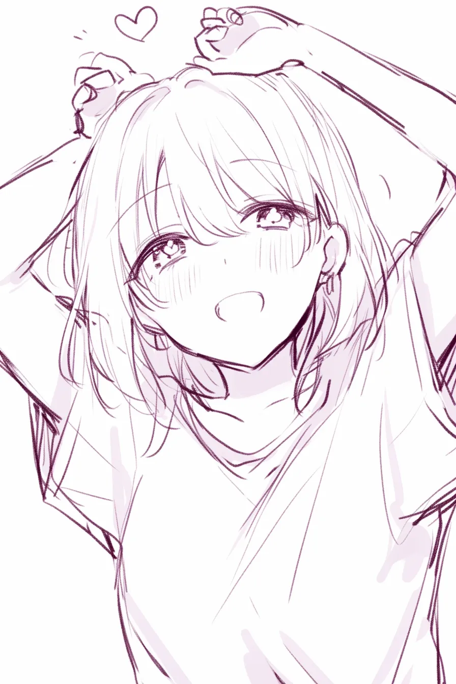 かわいいポーズのねこ耳｜【基本構造】両手を頭の上に添える描き方を採用し、猫耳のようなシルエットを形成して笑顔と組み合わせています。<br>【演出の方向性】動物的な遊び心を加えることで、幼さと無邪気さが一層際立ち、可愛さが強調されています。<br>