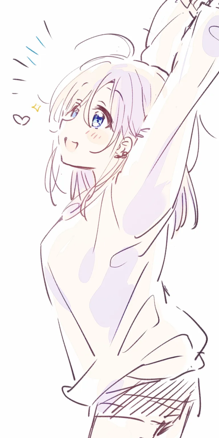 アイドルポーズのびやか｜【基本構造】腕を大きく上に伸ばし、胸を張った立ち姿を描き方として強調しています。上半身を縦に引き伸ばすことで舞台映えするシルエットになっています。<br>【演出の方向性】瞳のきらめきや頬の赤み、ハートや光の記号を添えて、フレッシュで元気いっぱいの雰囲気を強調しています。<br>