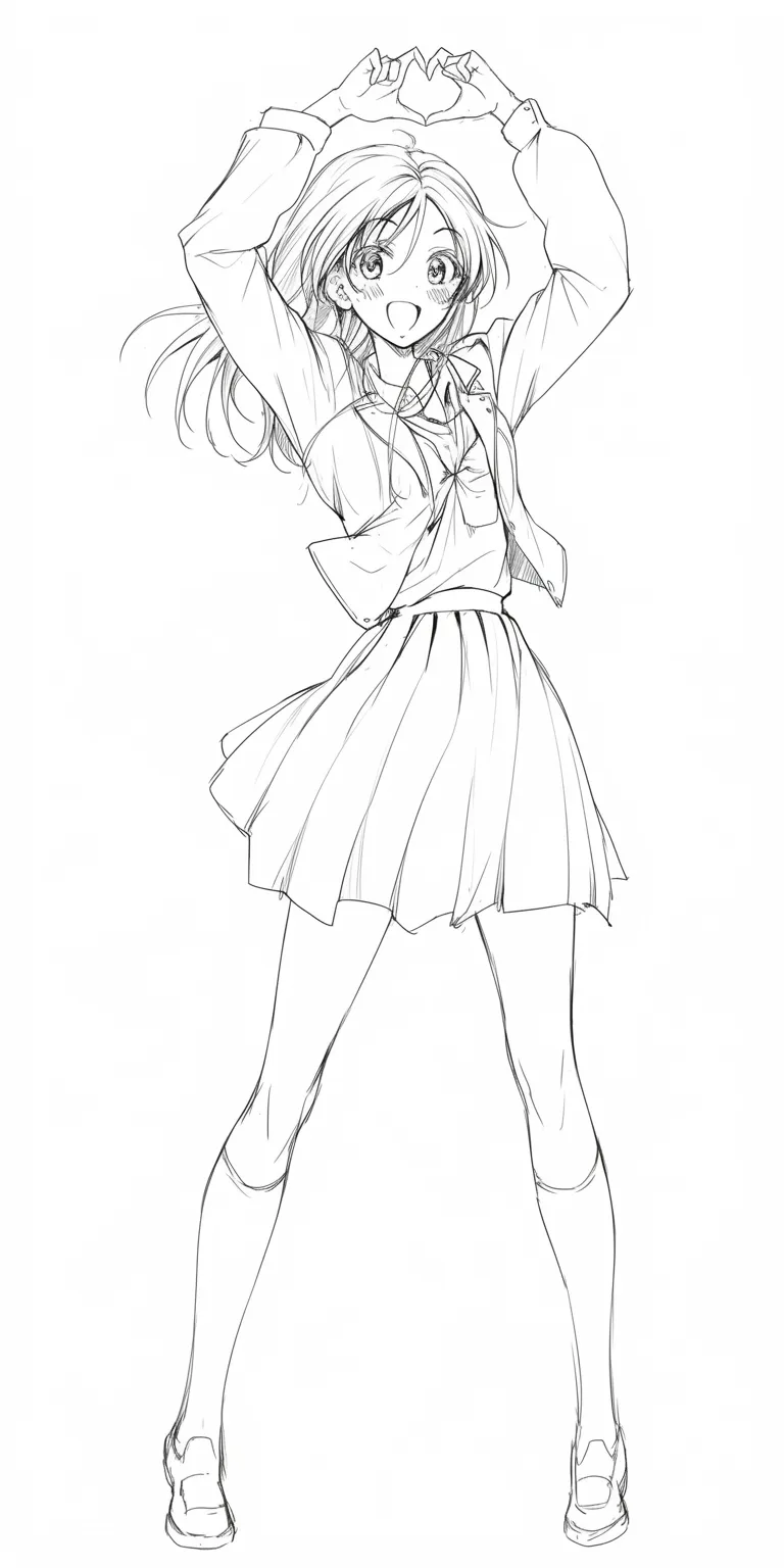 アイドルポーズ全身ハート｜【基本構造】両腕を上に掲げてハートを形作り、全身を見せる描き方です。脚を広げた安定した立ち方がステージらしさを演出します。<br>【演出の方向性】満面の笑顔とスカートの広がりを組み合わせ、観客に向けたサービス精神を表現。動きのある髪がライブ感を高めています。<br>