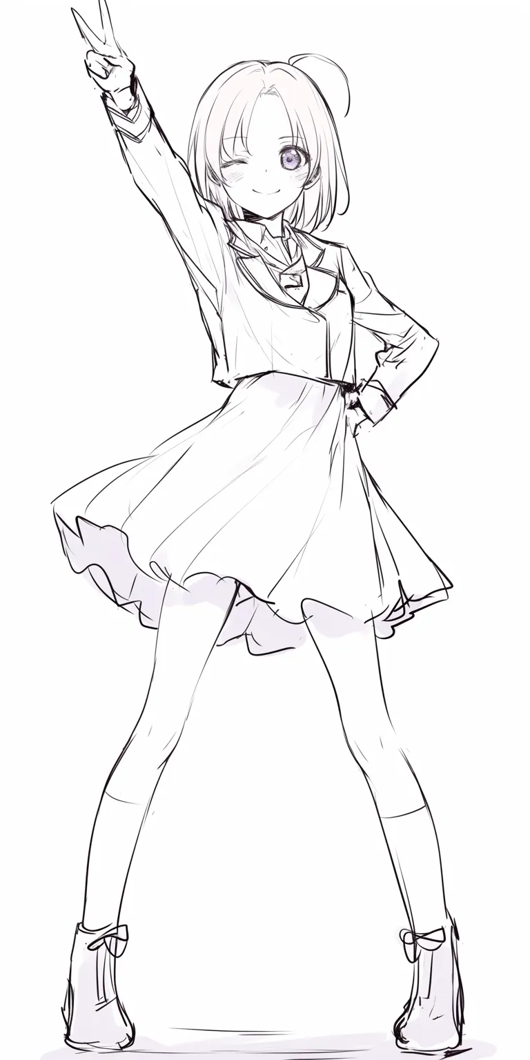 アイドルポーズジャンプ風｜【基本構造】片足を軽く跳ね上げ、腕を広げる動きのある描き方です。全身を大きく使ったポーズで、躍動感を強調しています。<br>【演出の方向性】後ろを振り返りながらの笑顔で観客に呼びかけるような演出。スカートと髪の流れでダイナミックな動きを加えています。<br>