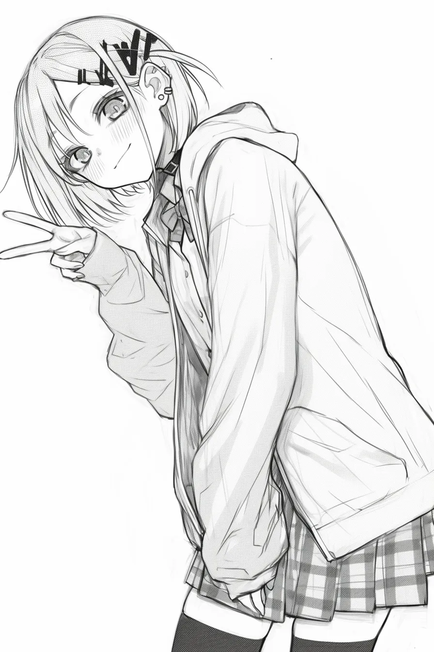 アイドルポーズバンザイ｜【基本構造】両腕を高く上げて大きく広げる立ち姿を描き方として整理。両足を広げた元気なポーズでリズム感を出しています。<br>【演出の方向性】満面の笑顔と跳ねるような体勢で「盛り上がれ！」という呼びかけを演出。文字や記号を添えてテンションをさらに強調しています。<br>