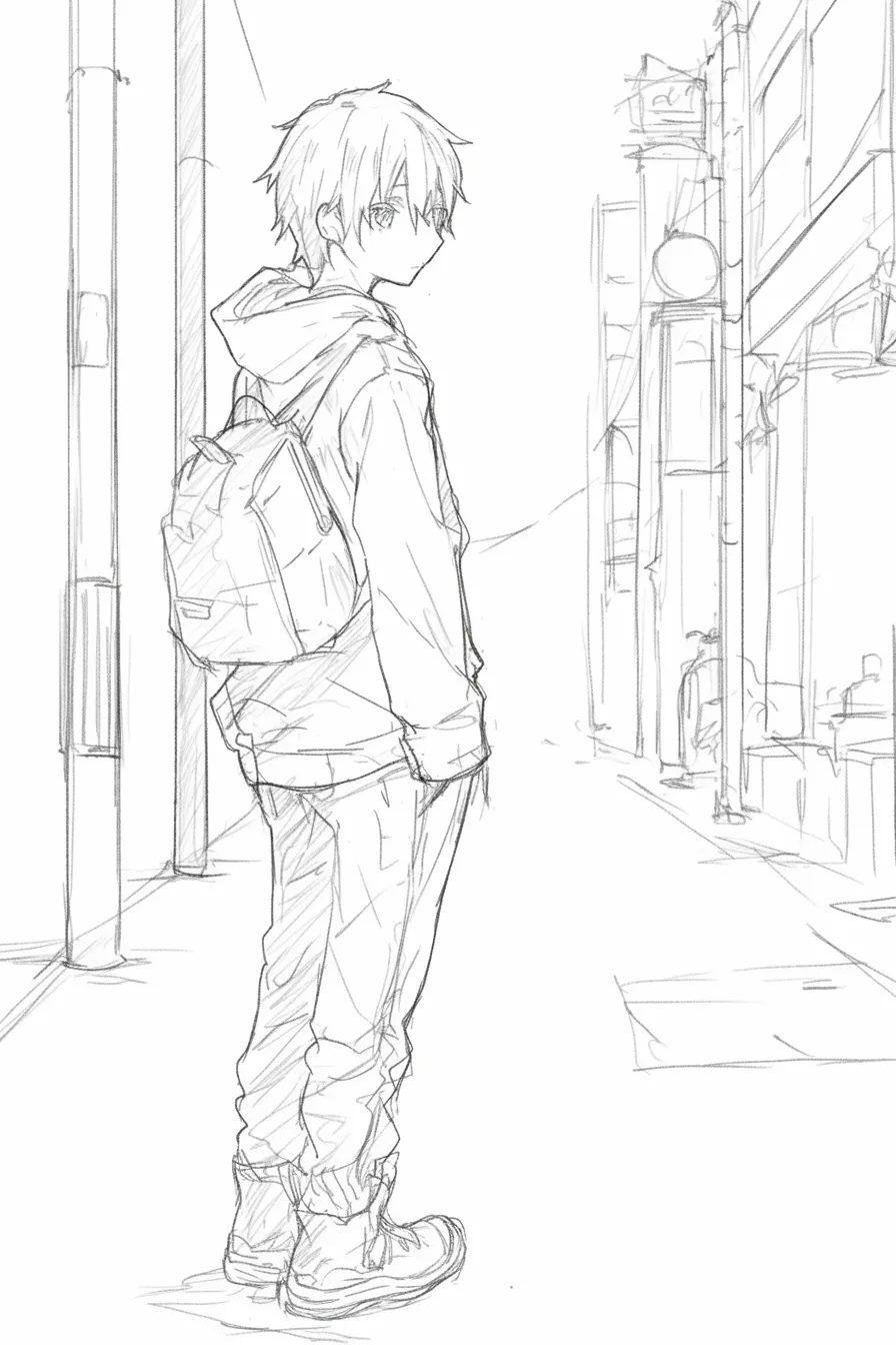 後ろ姿のおしゃれな街角の少年｜【基本構造】リュックを背負い、ラフな服装で街中に立つ少年を描いています。やや猫背気味に前傾することで日常感を演出しています。<br>【演出の方向性】背景を含めて描くことで、素朴なファッションも場の雰囲気と結びつき、都会的で無造作なおしゃれさを漂わせています。<br>