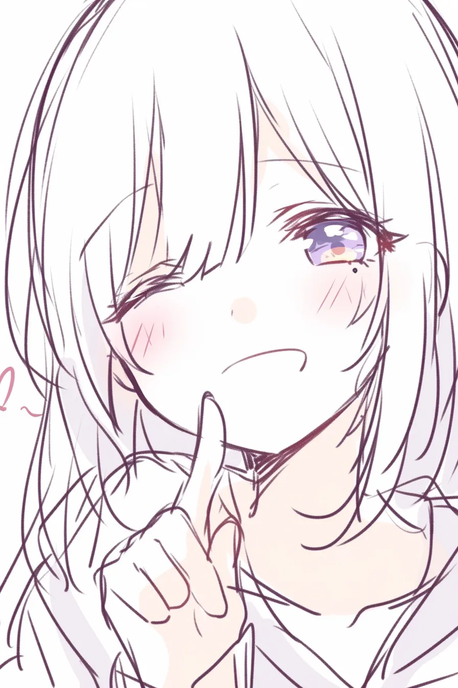アイドルポーズのウィンク｜【基本構造】片目を閉じた描き方で頬を赤らめ、指を口元に添える構図です。柔らかい輪郭と前髪の陰影で少女らしさを強調しています。<br>【演出の方向性】瞳に輝きを与え、頬の赤みを強調することでアイドル的な甘さを演出しています。指先の仕草が秘密めいた可愛さを加えています。<br>