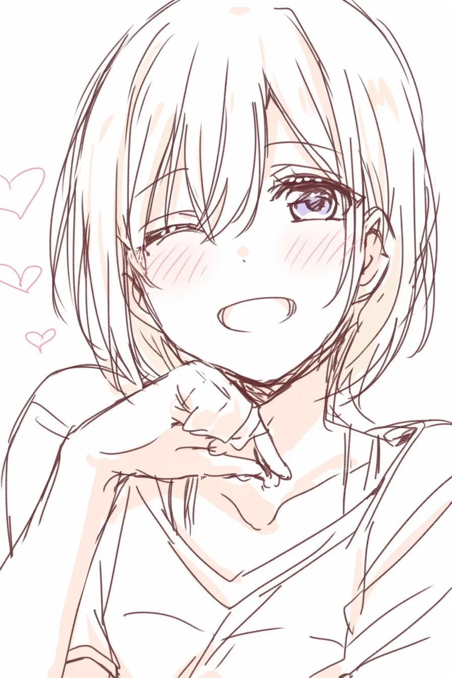 アイドルポーズの微笑み｜【基本構造】片目を細め、手を顎に添える描き方で笑顔を構築しています。肩のラインを軽く崩し、リラックスした骨格が特徴です。<br>【演出の方向性】背景にハートを散らすことで愛嬌を強調し、頬の赤みが観客への親しみを示します。全体に明るく積極的な印象を与えています。<br>