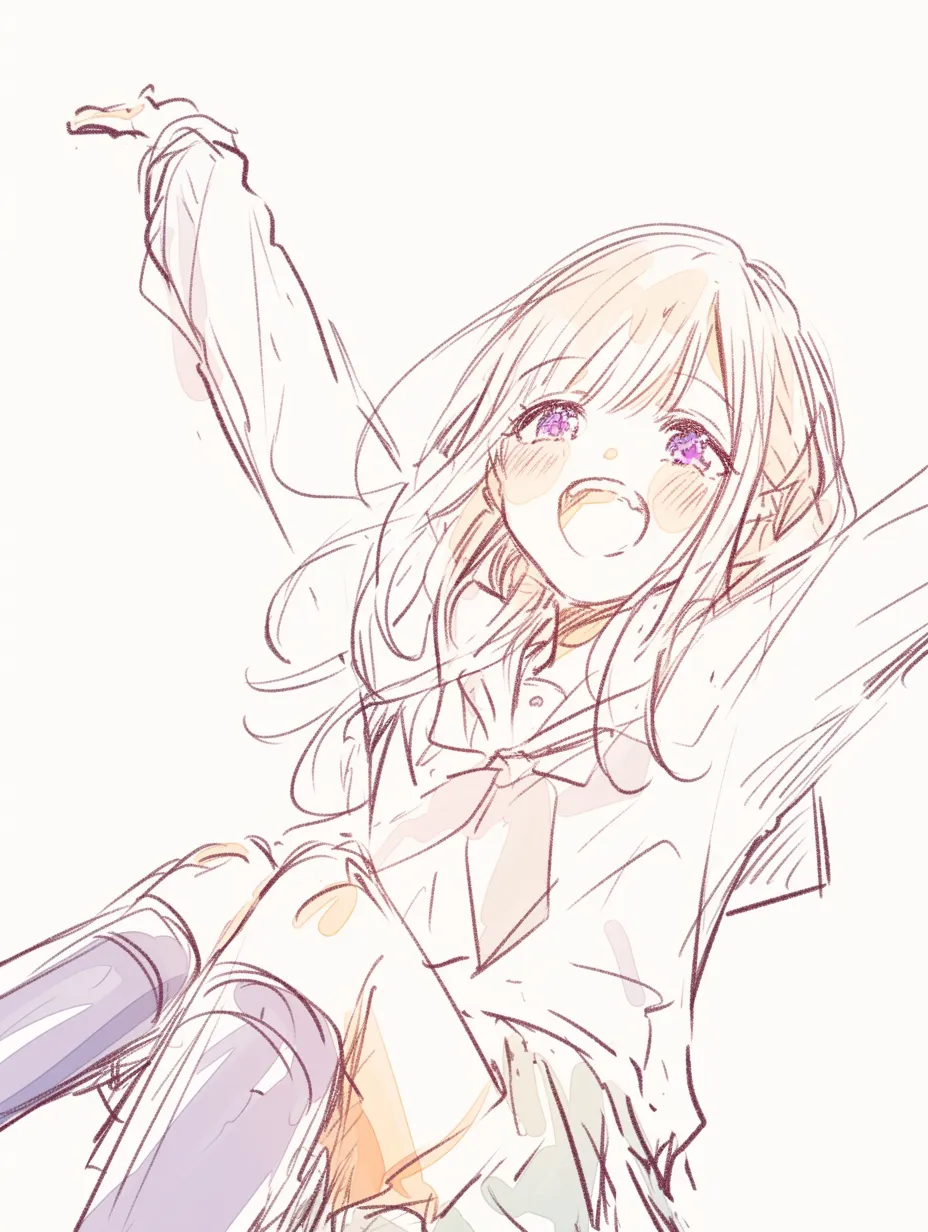 アイドルポーズの飛び跳ね｜【基本構造】両腕を高く掲げ、座りながらも動きのある描き方で躍動感を作り出しています。足を折り曲げ、視線は観客方向に合わせています。<br>【演出の方向性】髪と服の揺れを強調し、弾けるような笑顔を配置することで舞台上の瞬発力を演出。生き生きとした可愛さが伝わります。<br>