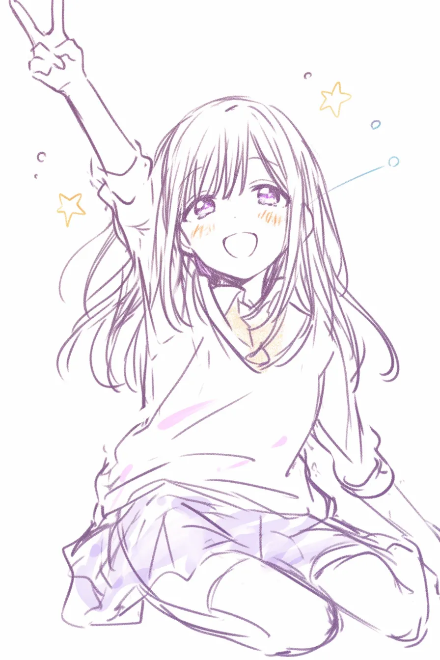 アイドルポーズのピースサイン｜【基本構造】片腕を伸ばし、指でVサインを作る描き方です。膝を曲げて座る姿勢で、上体は観客に向かっています。<br>【演出の方向性】星の記号を添えてキラキラ感を演出し、笑顔の瞳に輝きを与えることで無邪気さと勝ち気な印象を同時に強調しています。<br>