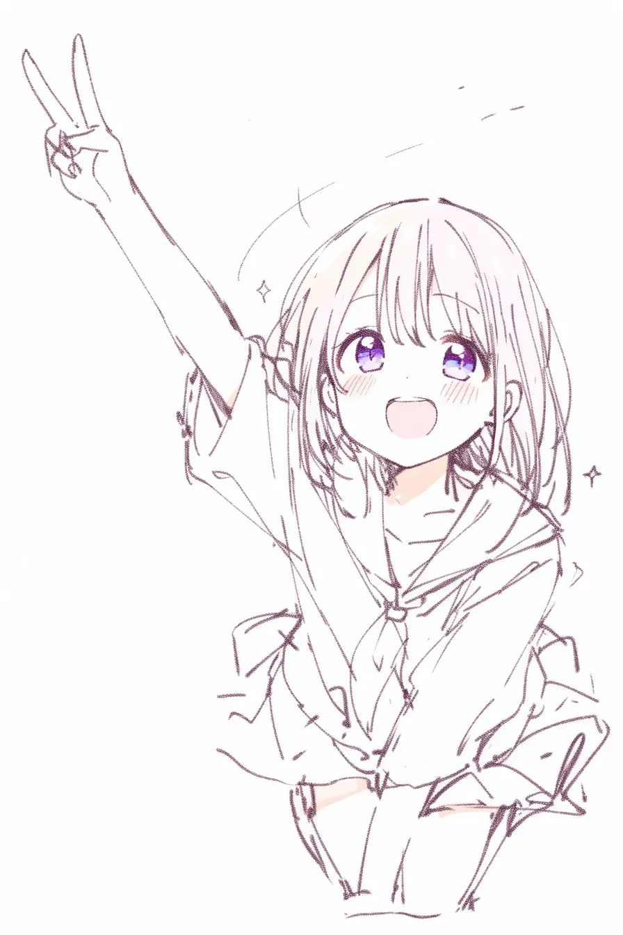 アイドルポーズの手を振る｜【基本構造】腕を高く掲げ、視線を正面に向ける描き方で、身体全体を開放的に配置しています。セーラー服が元気さを補っています。<br>【演出の方向性】瞳の大きな輝きと笑顔が観客への挨拶を思わせ、シンプルながら親近感を与える仕草としてアイドル的な魅力を強めています。<br>
