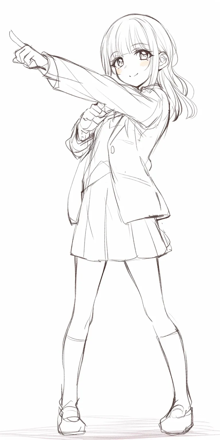 アイドルポーズの指差し｜【基本構造】片腕を大きく前に伸ばし、観客を指差す描き方です。体軸を斜めに取り、全身で前進感を出しています。<br>【演出の方向性】自信ある微笑みを添えることで観客との一体感を演出。舞台上で「君に向けて」のメッセージ性を強調する仕草になっています。<br>