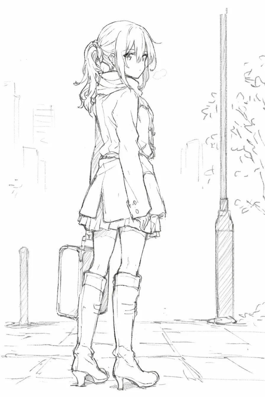 後ろ姿のおしゃれな通学風景｜【基本構造】制服風の衣装にブーツを合わせ、振り返る姿勢で道に立っています。ポニーテールの髪型が動きを添えています。<br>【演出の方向性】通学途中の自然な場面を切り取ることで、制服と私服が混ざるような軽やかな印象を与え、日常のおしゃれ感を表現しています。<br>