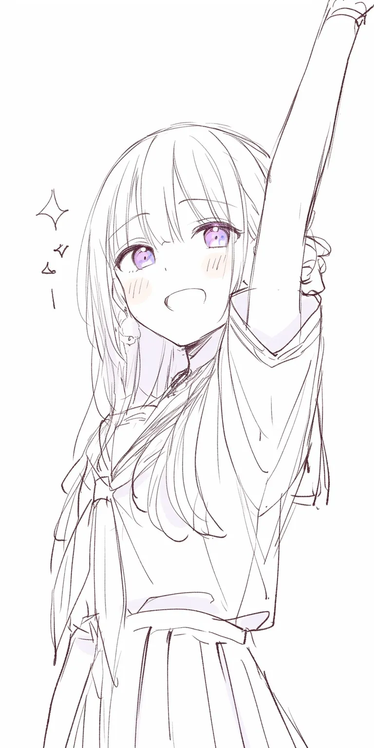 アイドルポーズの高揚｜【基本構造】顔を上げ、片腕を真上に掲げる描き方です。首筋を伸ばし、胸を張った姿勢で勢いを強めています。<br>【演出の方向性】瞳に輝きを増し、口元を大きく開いた笑顔が観客を巻き込みます。勝利の瞬間のような高揚感を表現しています。<br>
